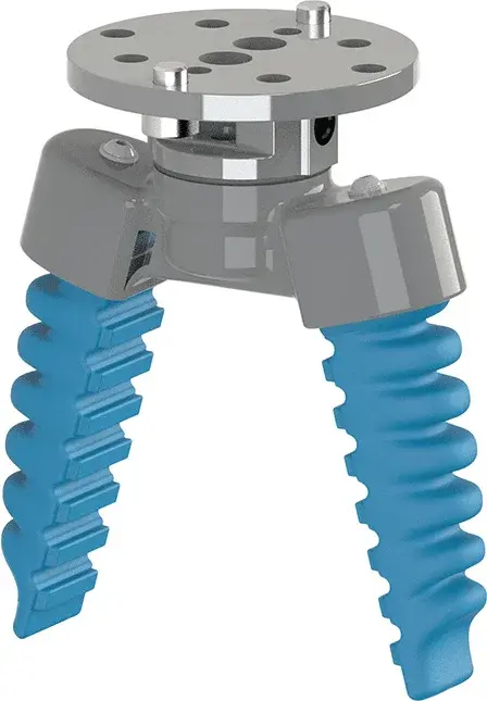 close-up front view of SoftGripping two-finger parallel gripper with grey body and blue ribbed fingers