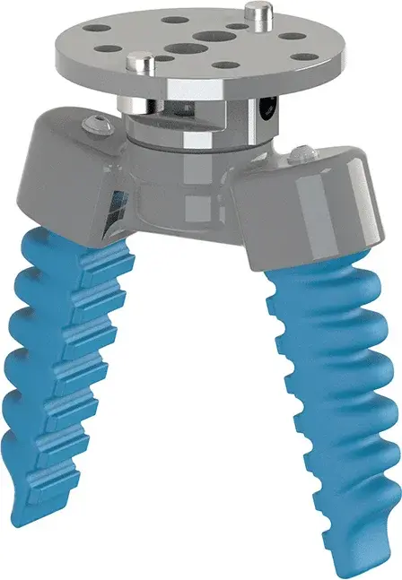 front view of SoftGripping two-finger parallel gripper with blue soft fingers