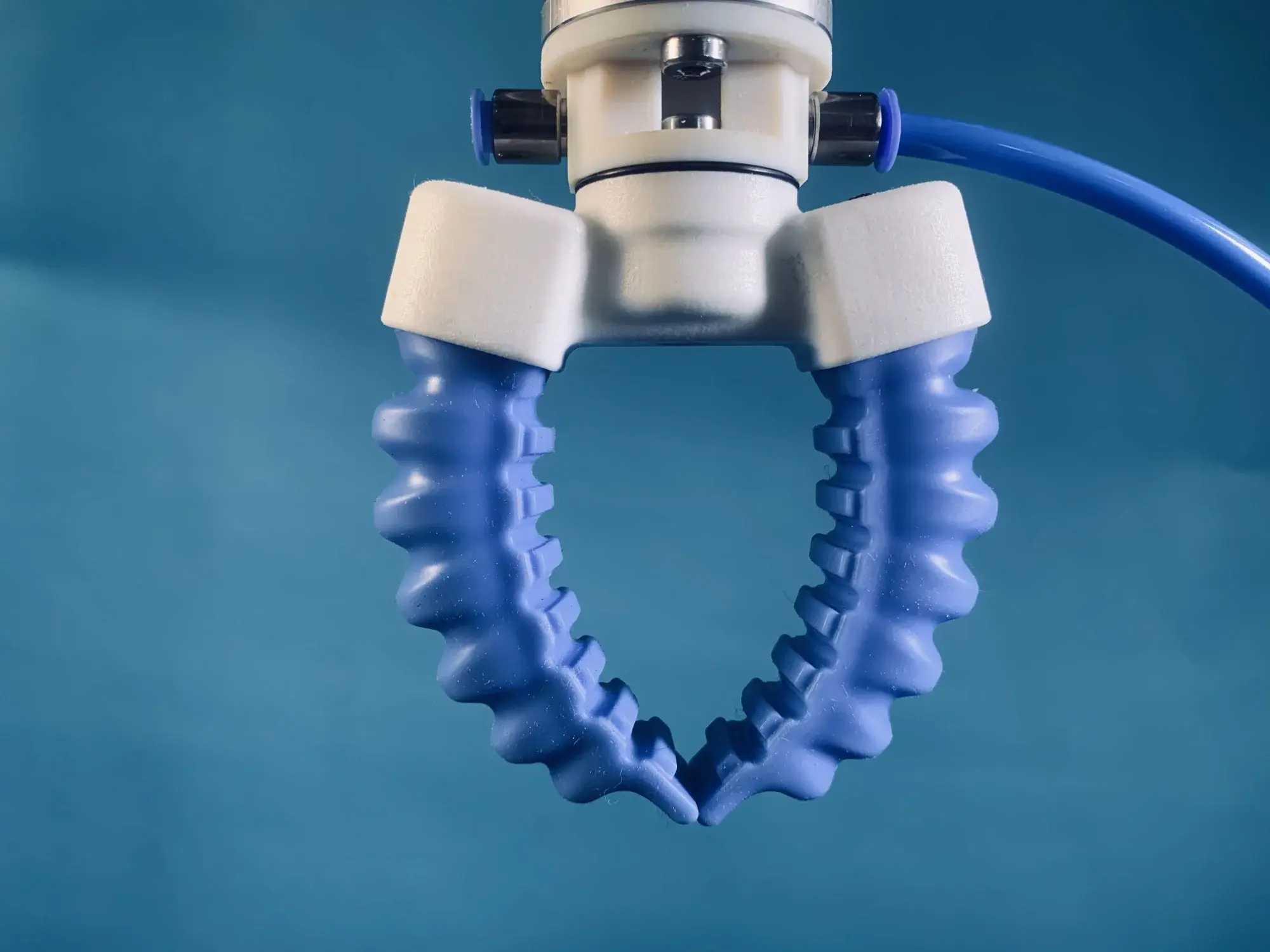 front view of blue two-finger soft gripping parallel gripper mounted and in blue background
