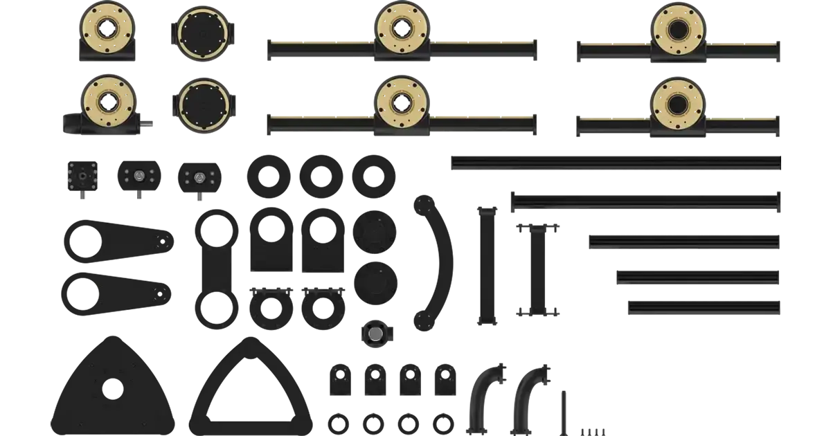 Top view of igus Apiro Robotic Kit RL-A9.0200 parts laid out for assembly