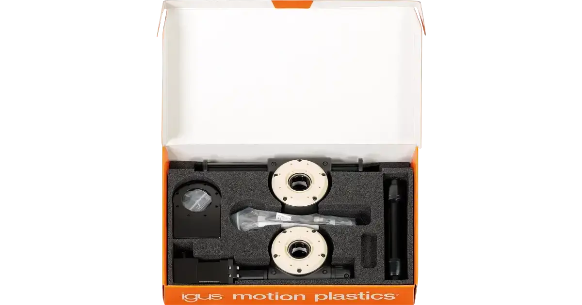 boxed igus Apiro Robotic Kit RL-A9.0200 showing main parts in foam insert, top view