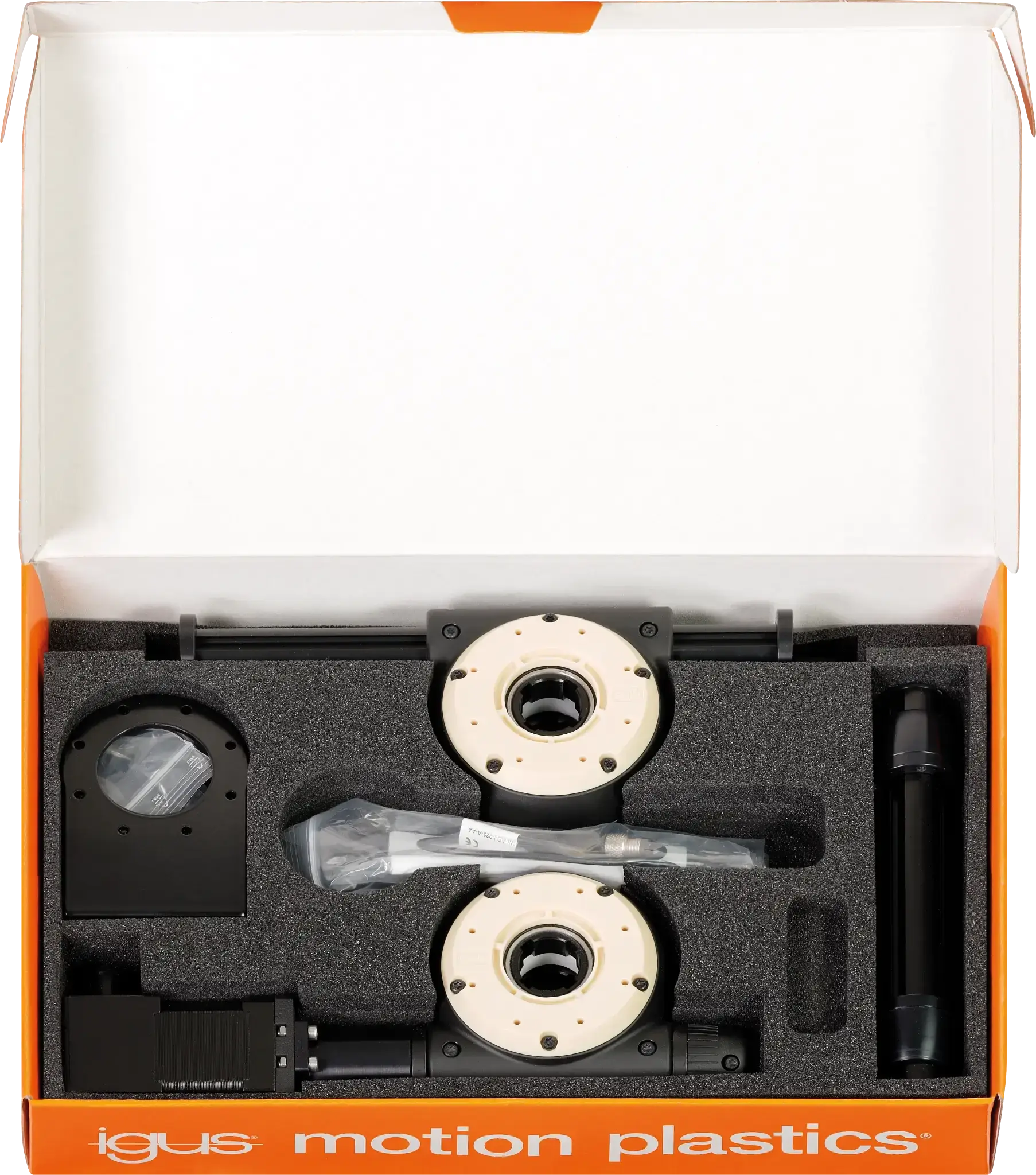 top view of igus Apiro Robotic Kit RL-A9.0200 components in orange box