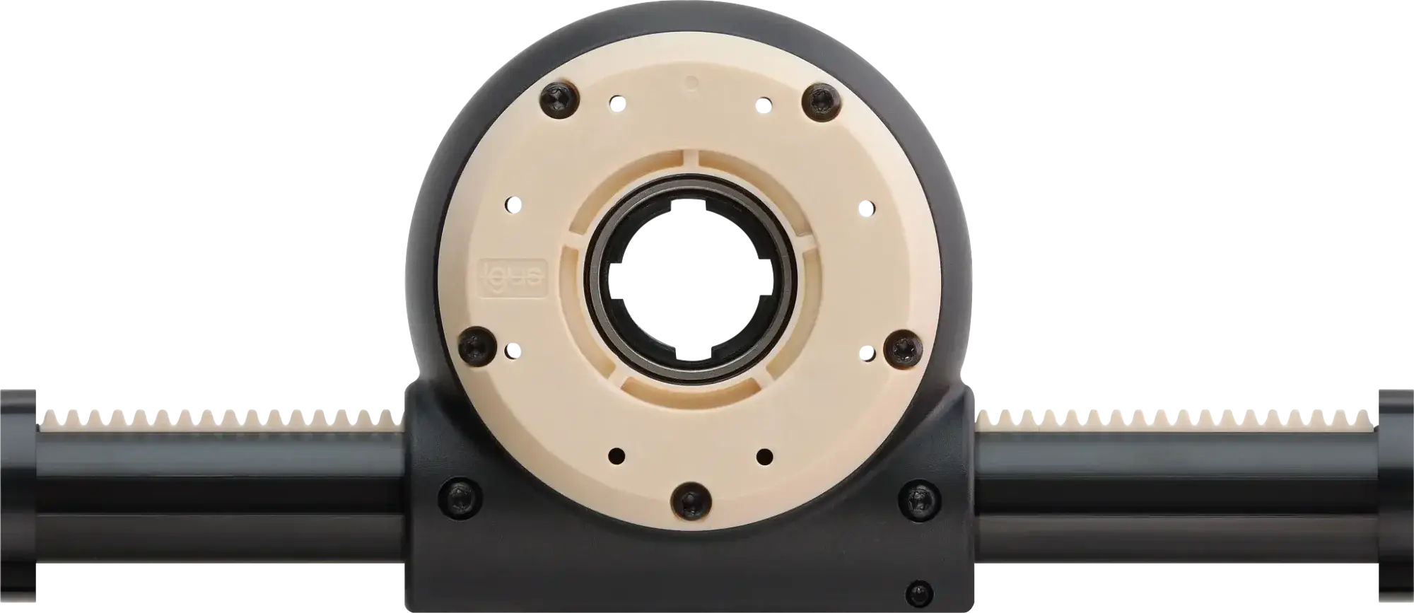 Front close-up of the beige and black igus Apiro Robotic Kit RL-A9.0200 modular part with two black rods