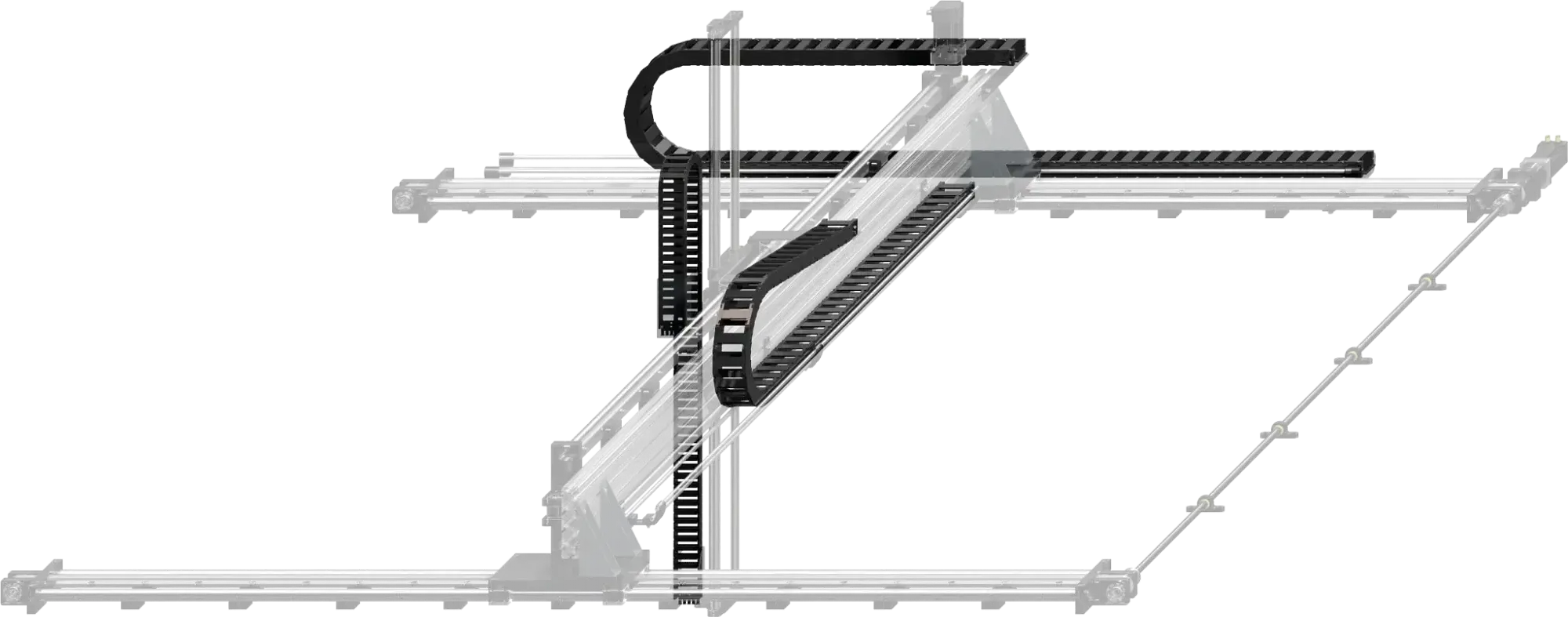 top view of igus energy chain set for room gantry showing curved and straight cable guides