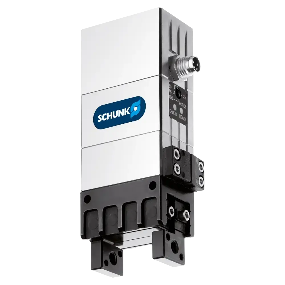 front-right view of SCHUNK EGP electric parallel gripper with connector and mounting holes