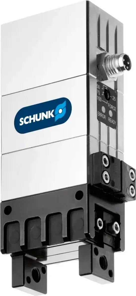 side view of SCHUNK EGP Series Parallel Gripper with connector and clamps