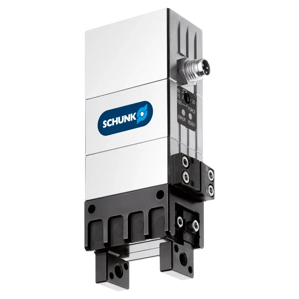 side view of SCHUNK EGP Series parallel gripper with connector and gripping fingers
