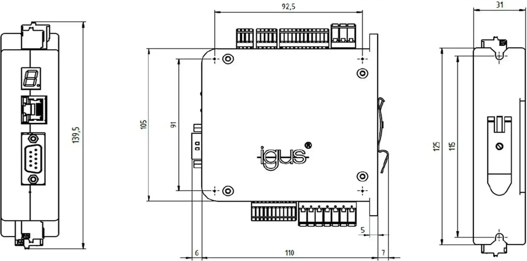 technical drawing showing top and side dimensions of igus drylin dryve D1 Motor Controller