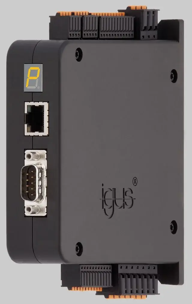 Front-left view of igus drylin dryve D1 Motor Controller showing connectors and display