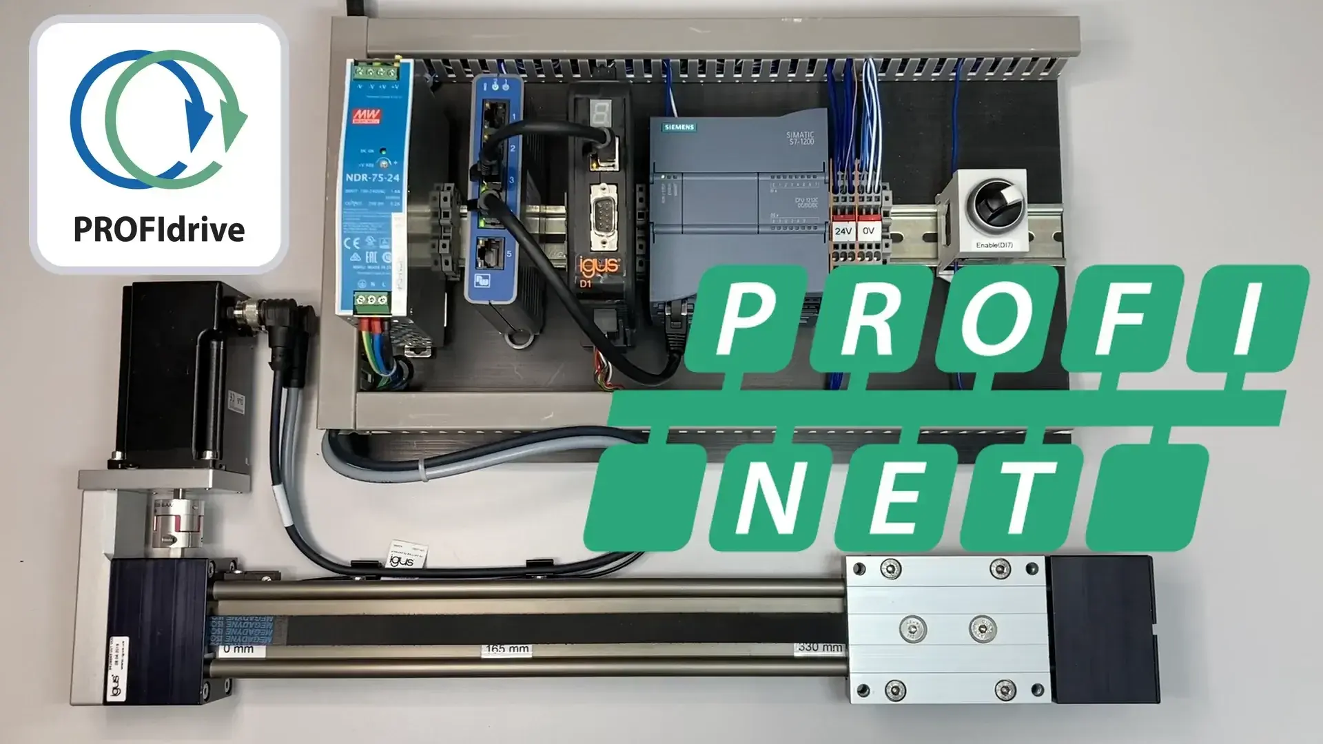 igus drylin dryve D1 Motor Controller mounted in a control panel setup with PROFIdrive text overlay