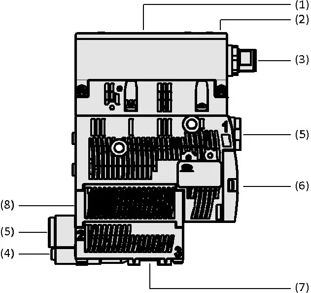 technical drawing side view of compact ejector with labeled parts