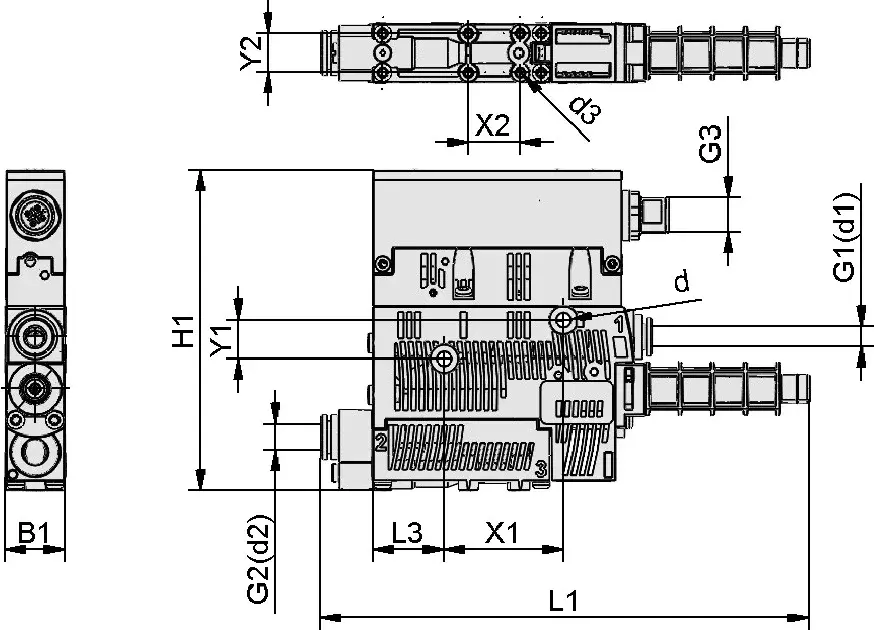 technical drawing showing front, top, and side views with dimensional details