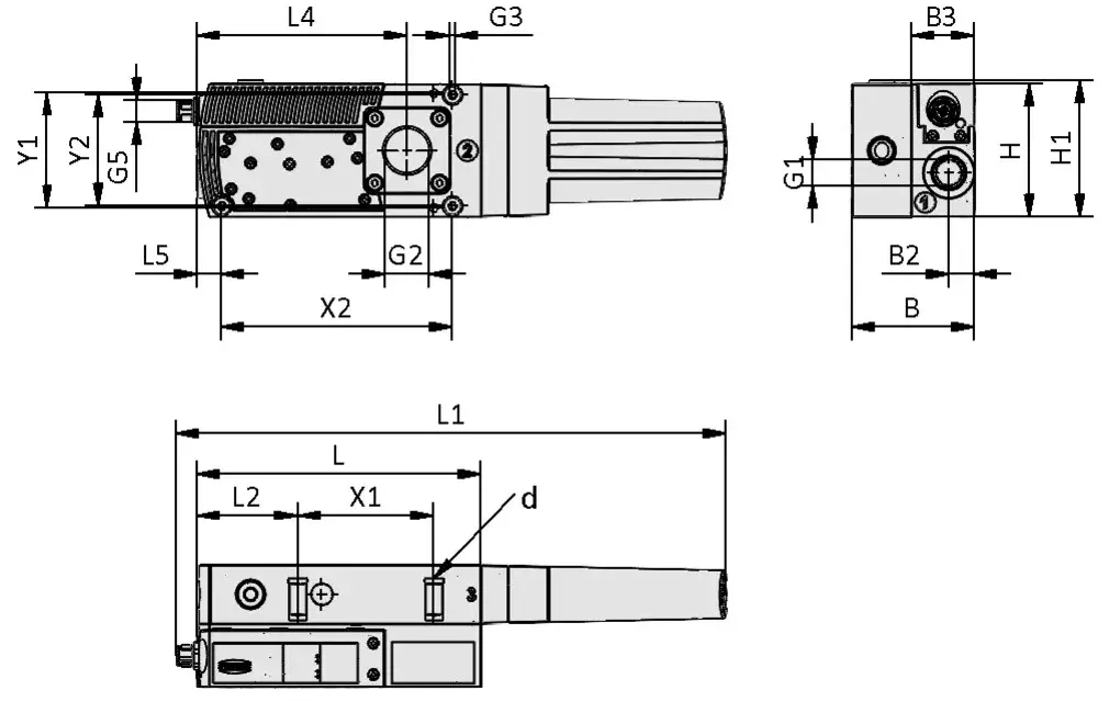 technical drawing of compact ejector showing dimensions from multiple angles