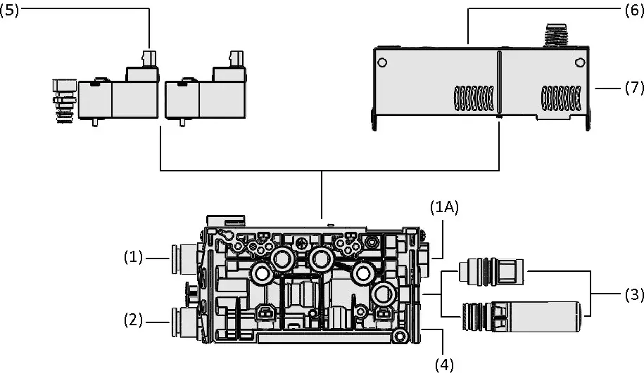 technical drawing showing different views and components of the compact ejector