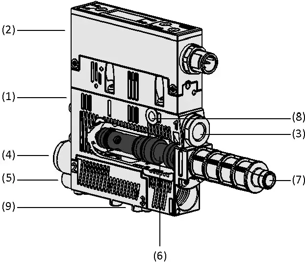technical diagram of the compact ejector showing internal parts and connectors from side angle