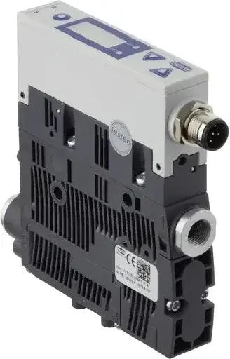 side view of Schmalz vacuum ejector showing connector and label details