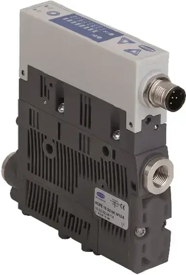 angled front view of a Schmalz compact vacuum ejector with connector and label visible