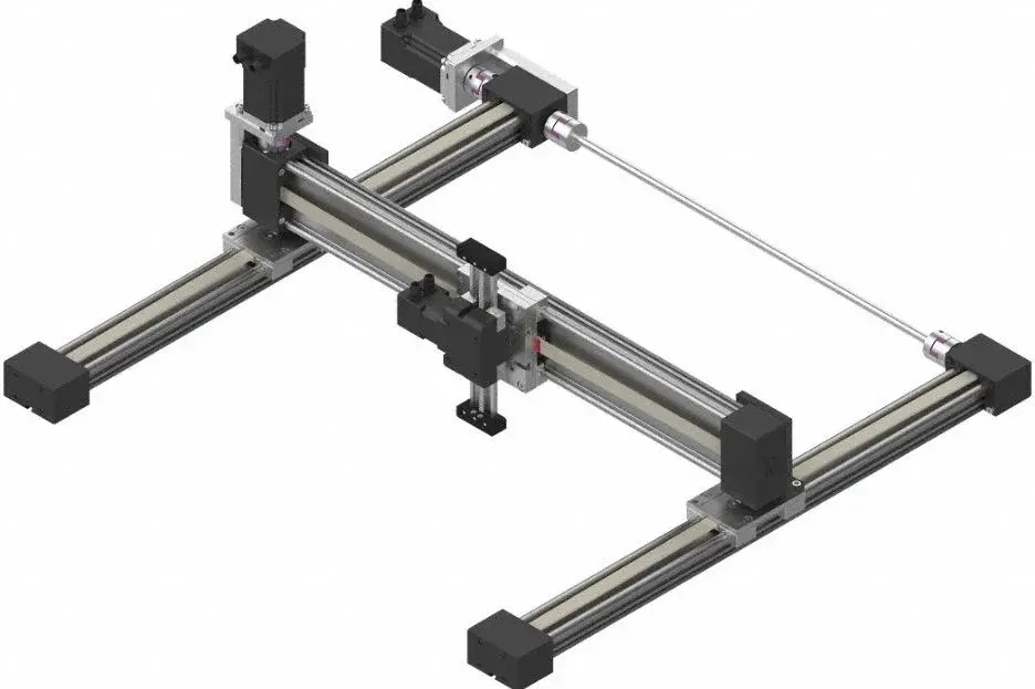 angled front top view of igus Cartesian gantry robot with black motor housings