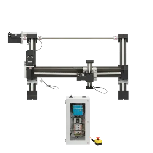 Front view of igus DLE-RG-0001 Cartesian gantry robot with control box in front