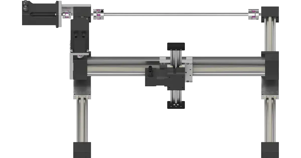 top view of a 3 DOF room gantry with metal rails and black motor housings
