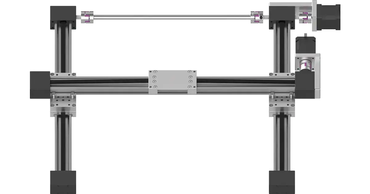 top view of three-axis gantry system with linear guides and motors
