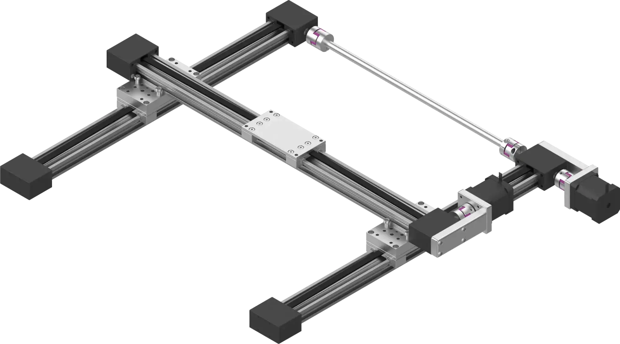 angled view of the gantry system showing rails and motors
