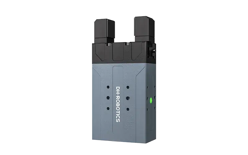 front view of DH Robotics PGE Series industrial gripper with black fingers and gray body