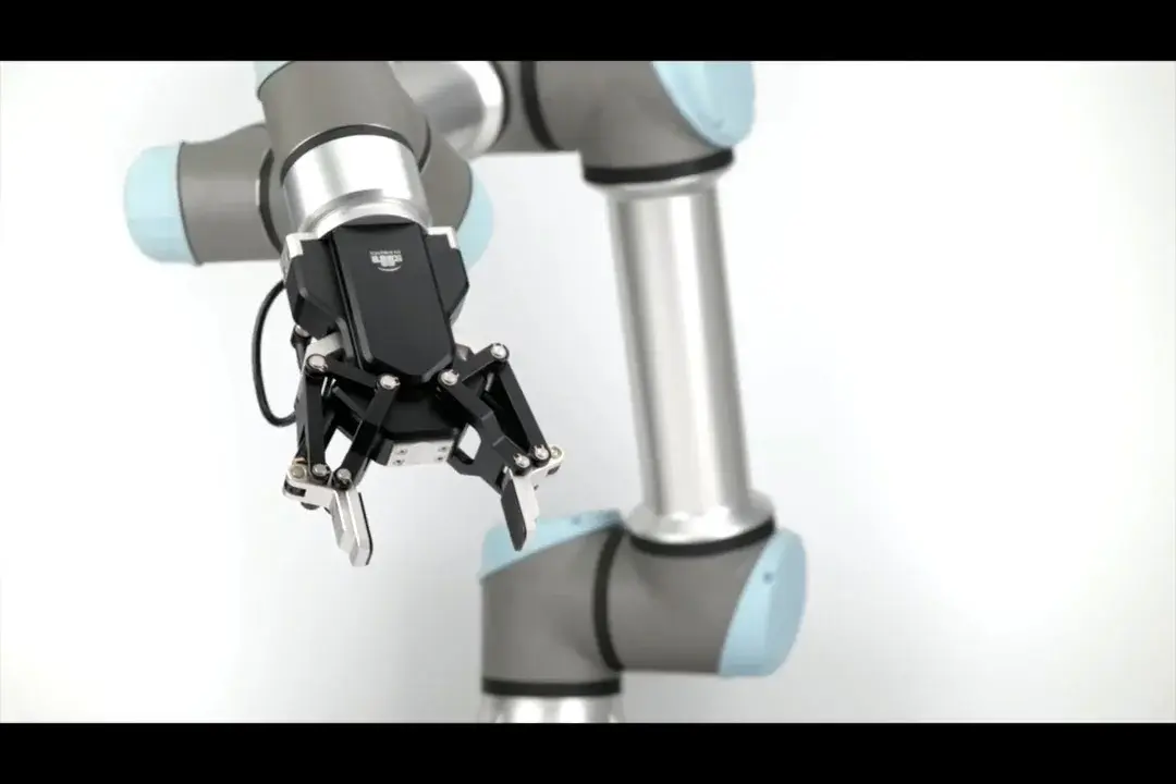 black two-finger adaptive gripper mounted on robotic arm