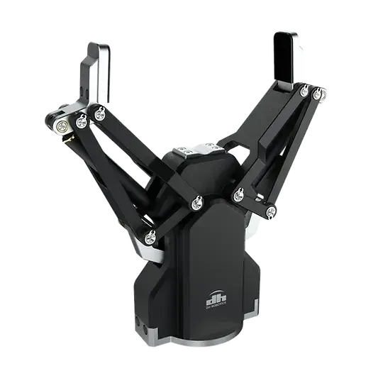 front view of black DH Robotics AG-105-145 Adaptive Gripper with two fingers extended