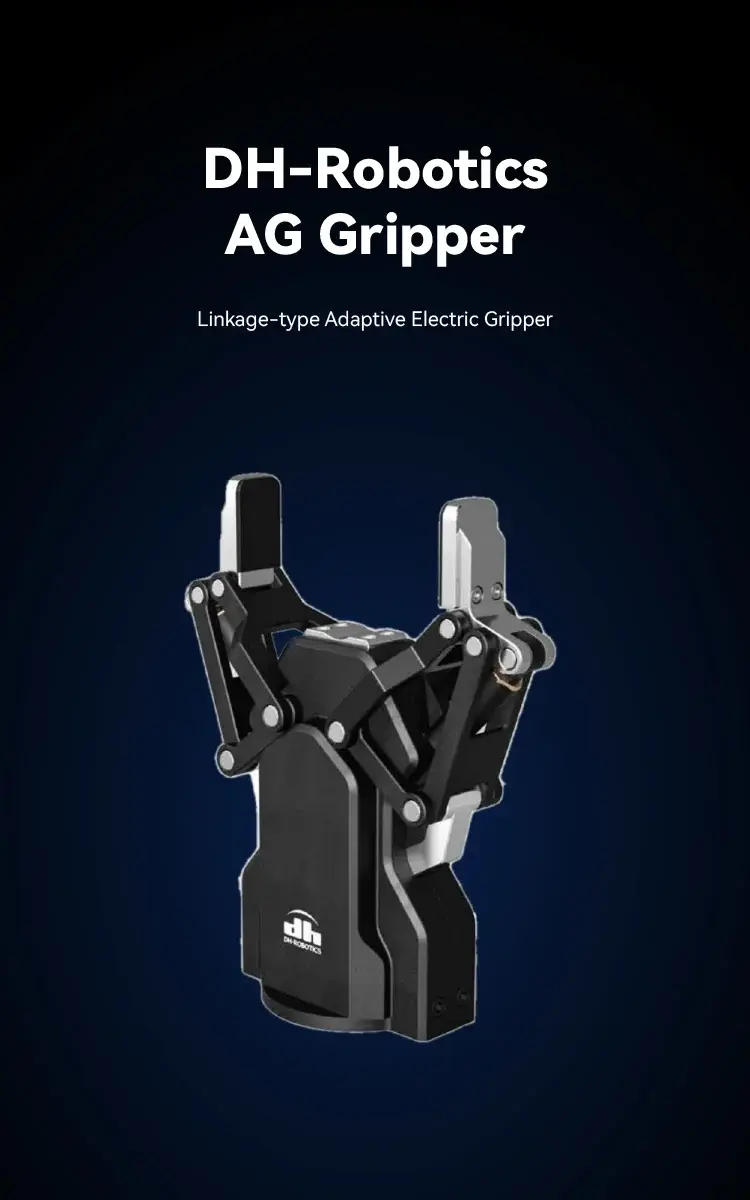 front view of DH Robotics AG-105-145 Adaptive Gripper with two fingers on dark background and product name above