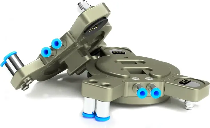 angled view of two WINGMAN Automatic Tool Changers with connectors and pneumatic fittings