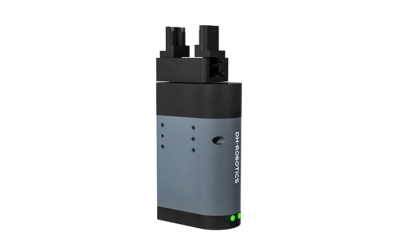 front view of a rotary gripper with DH Robotics logo on side and green indicator lights