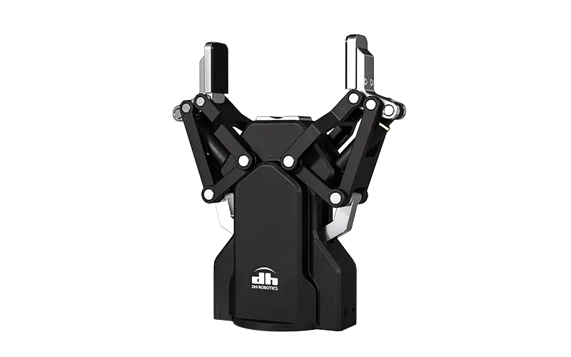 front view of a two finger electric gripper with black housing and silver gripping plates