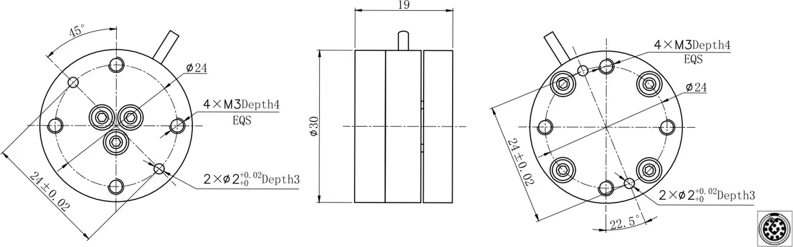 technical drawing with top, side, and bottom views showing dimensions and mounting holes of the sensor