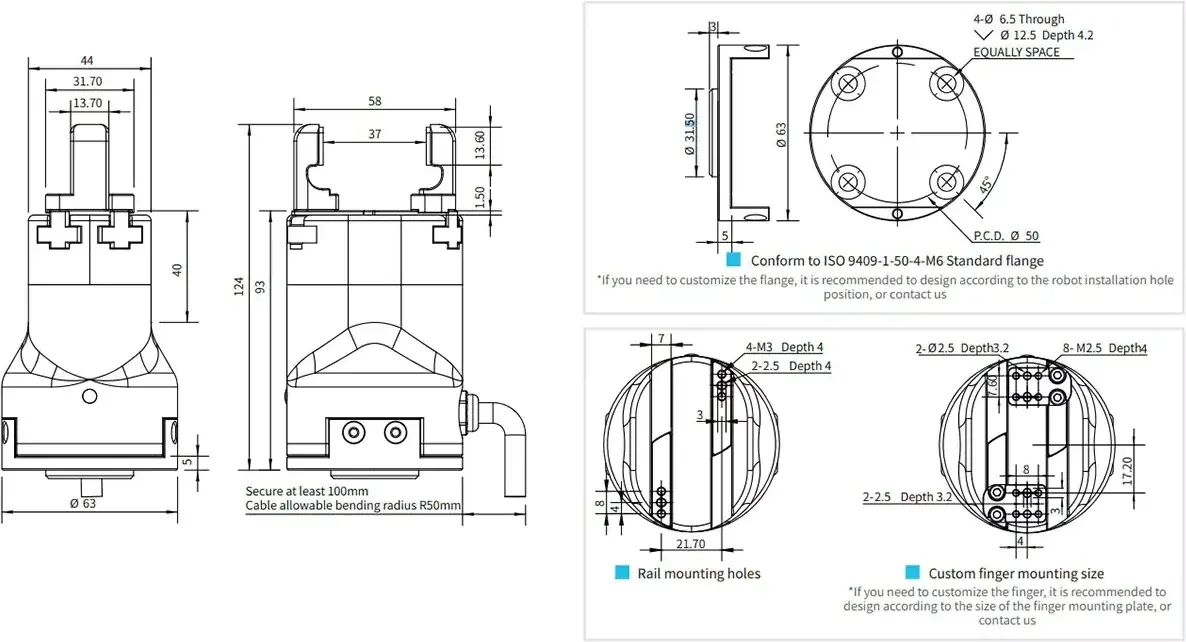 technical drawing and dimension diagram of the electric parallel gripper