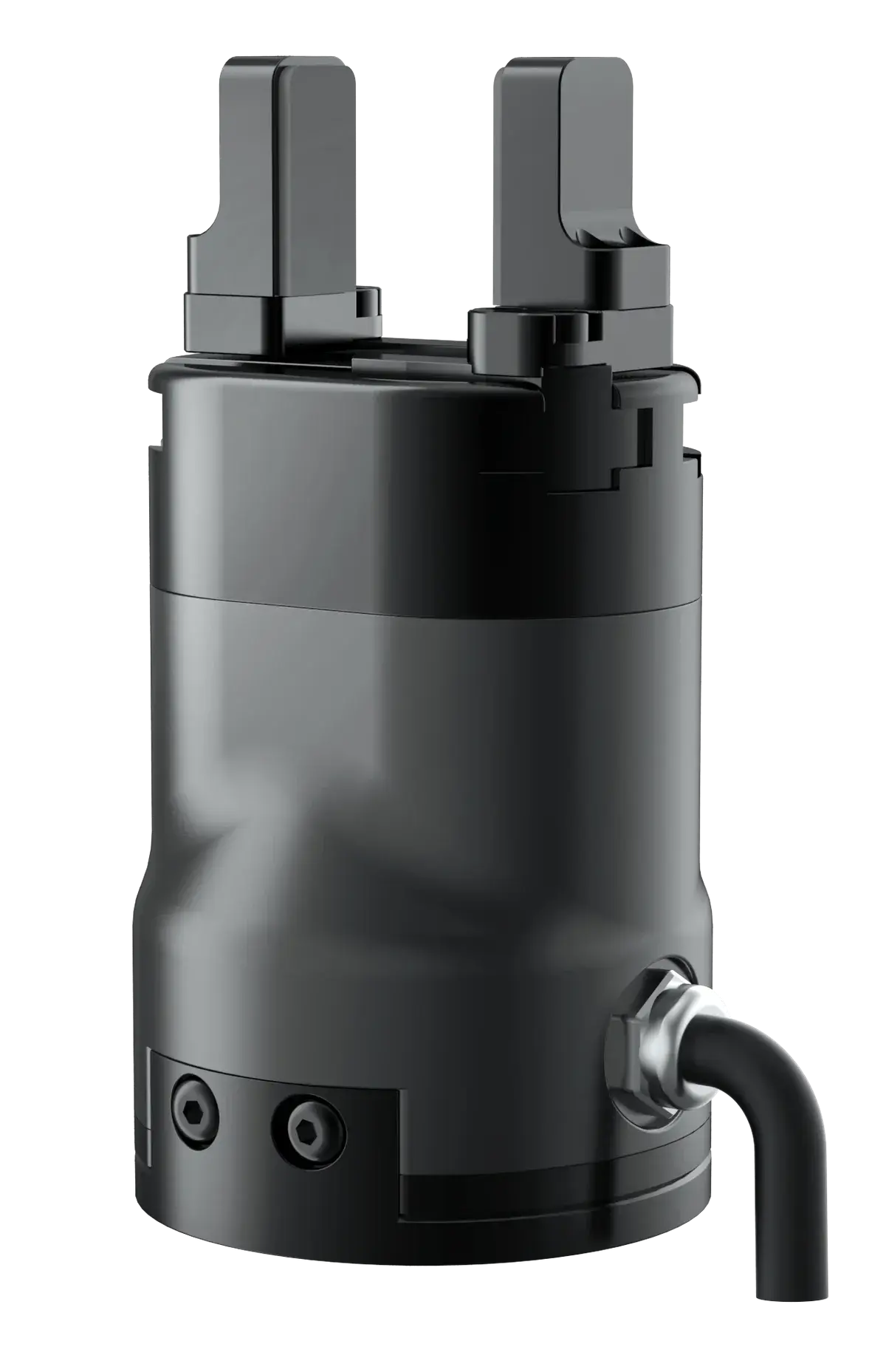 angled front view of black electric parallel gripper with two fingers and cable