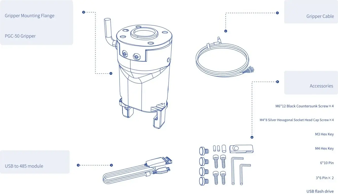 technical drawing of the PGC-50 gripper with accessories layout