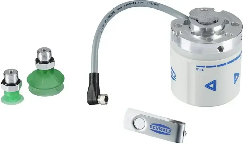 Schmalz CobotPump vacuum pump with attached cable and two green suction cups