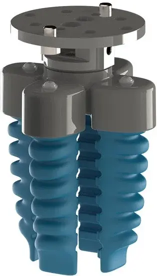 side view of a four-finger SoftGripping pneumatic gripper with blue fingers and gray mounting plate