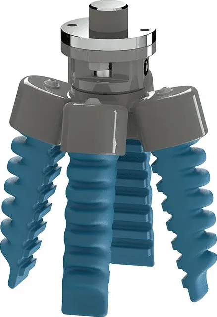 angled front view of a four-finger pneumatic soft gripper with blue ribbed fingers and grey housing