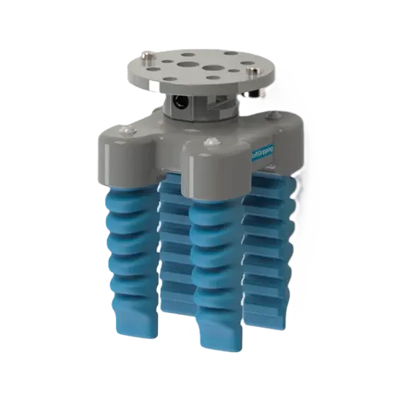 front view of a SoftGripping four-finger soft gripper with a grey top plate and blue finger cups