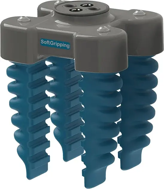 top front angle view of the SoftGripping four-finger soft gripper with blue fingers and gray housing