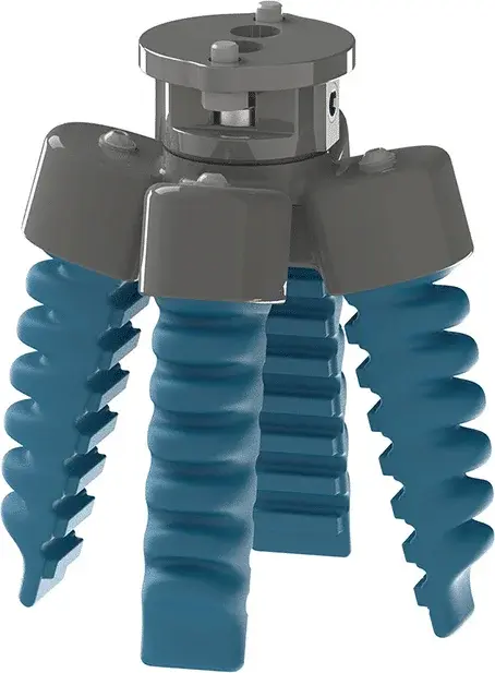 side view of four-finger pneumatic soft gripper with grey housing and blue fingers