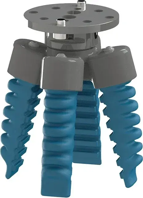 Four-finger soft gripper with accordion-style blue fingers and gray housing, photographed front-side