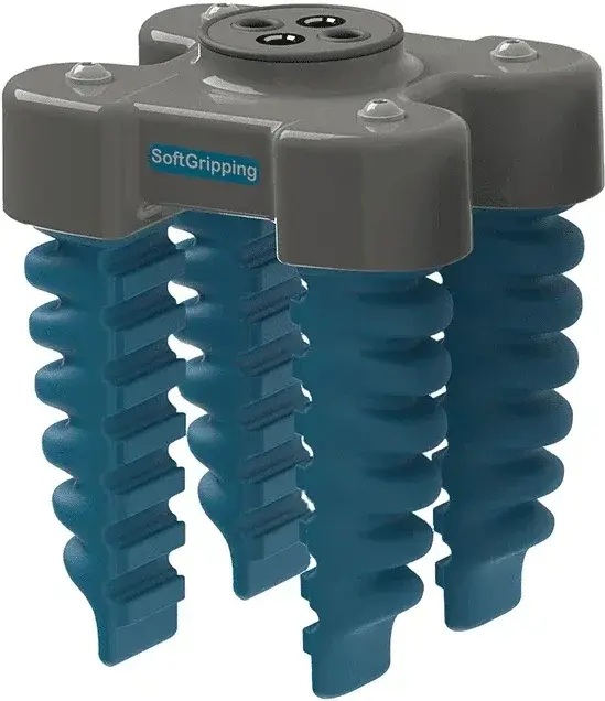 top front side view of a four-finger SoftGripping soft gripper with blue fingers and gray housing