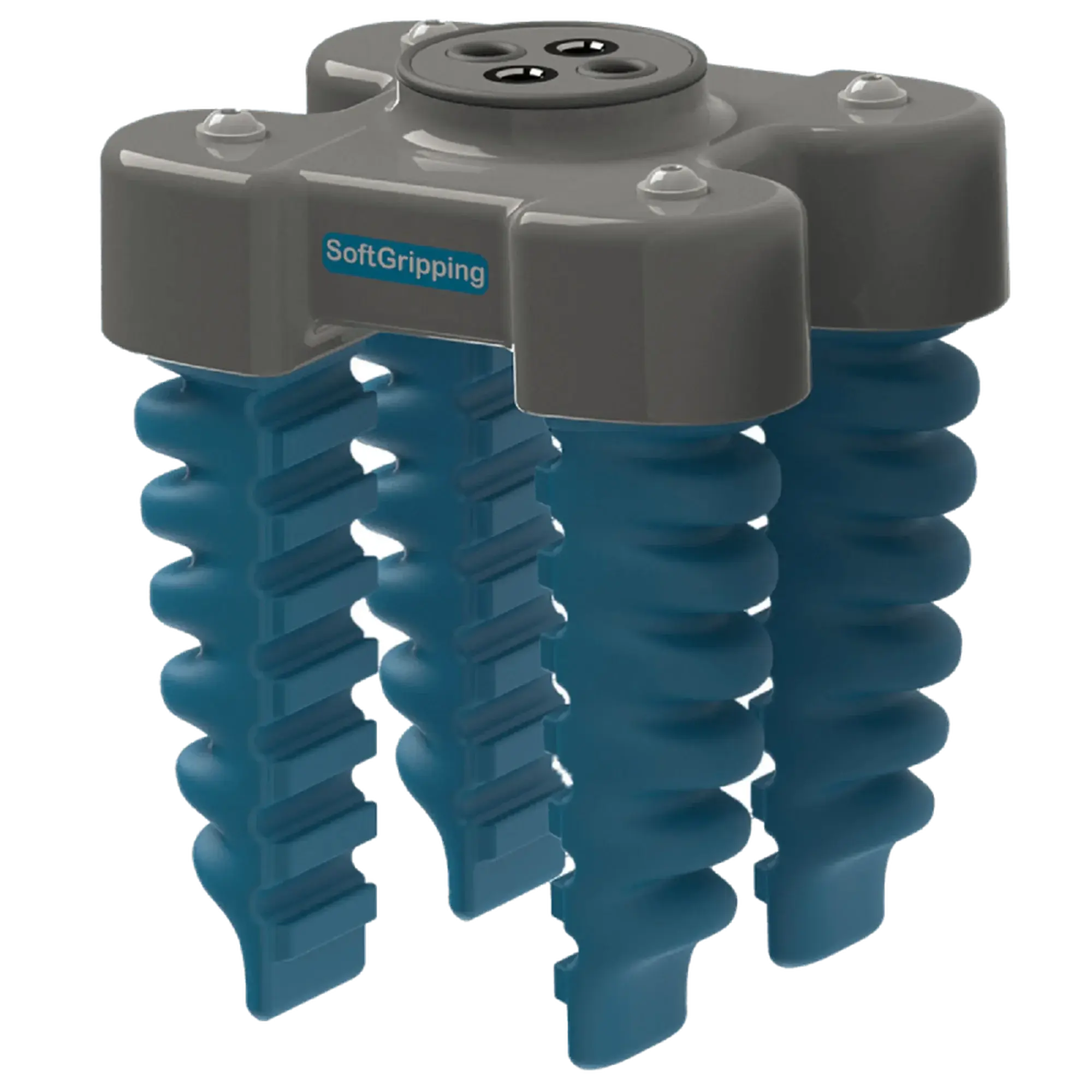 four-finger soft gripper with grey upper housing and blue soft fingers showing both ribbed and smooth finger types
