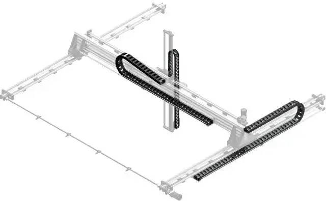 Energy chain set mounted on a room gantry shown from a front side angle