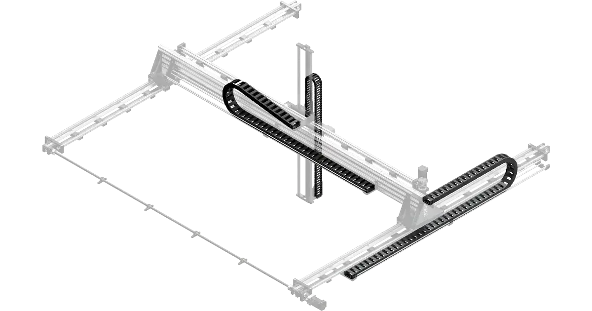 angled view of igus energy chain set mounted on gantry structure