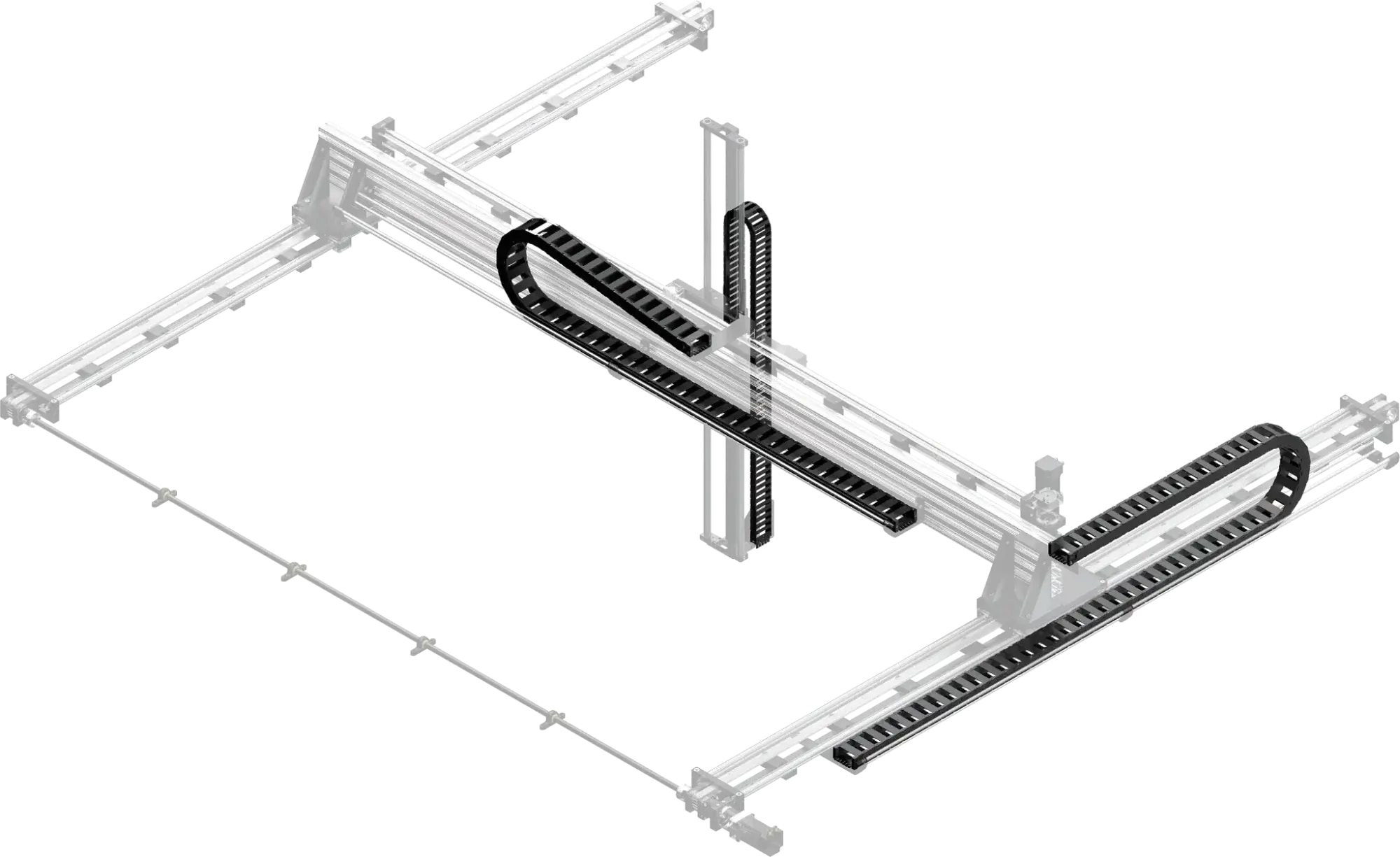 top front side view of igus energy chain set for room gantry