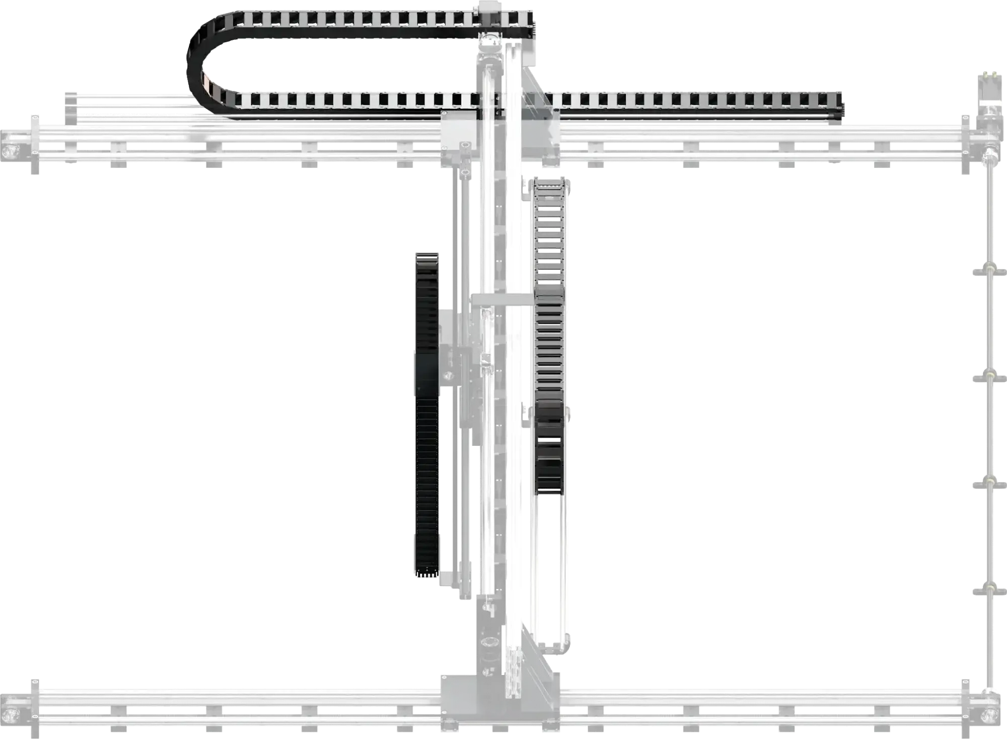 top view of igus energy chain set for room gantry showing rails and chain routing